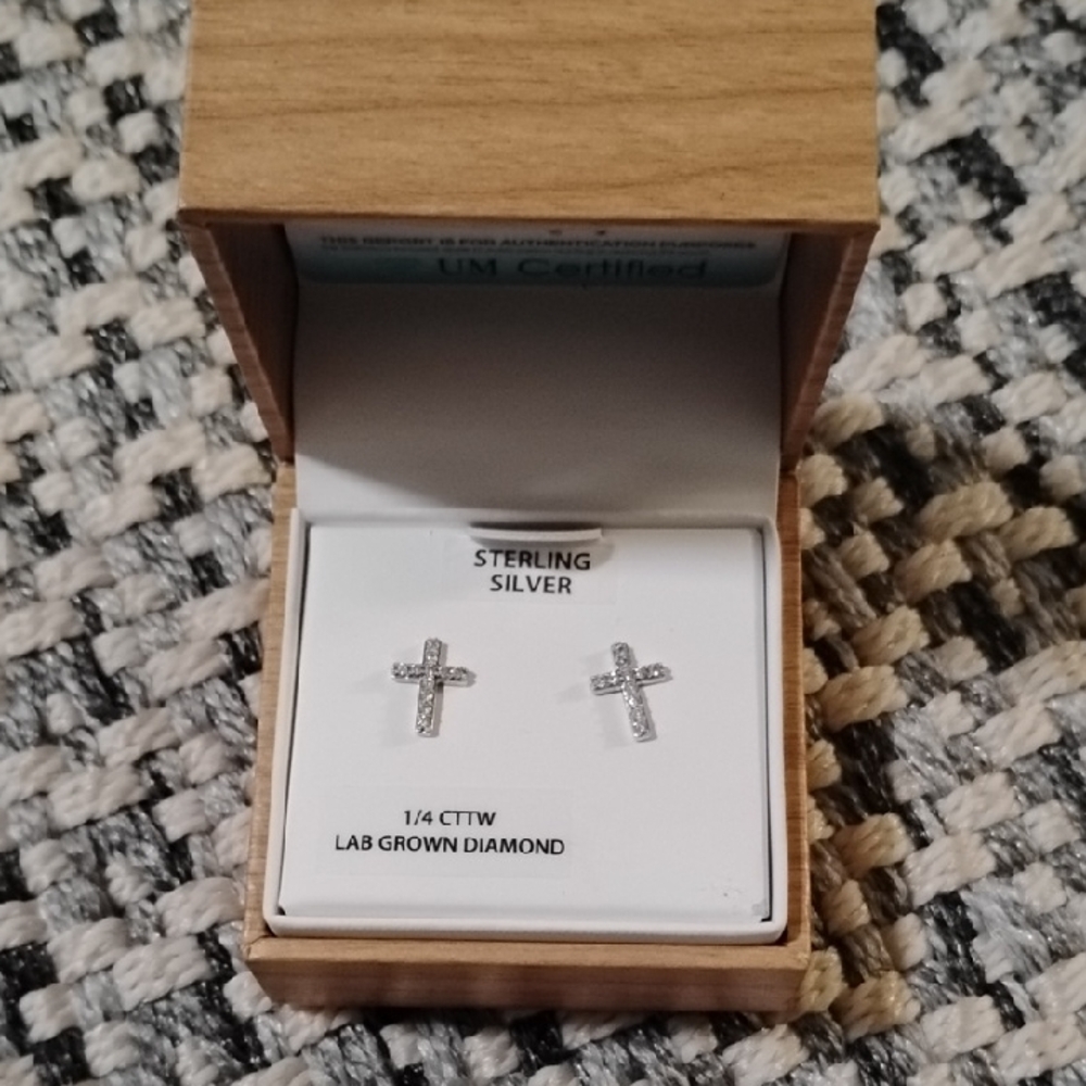 Sterling Silver Cross Earrings with Lab Grown Diamonds